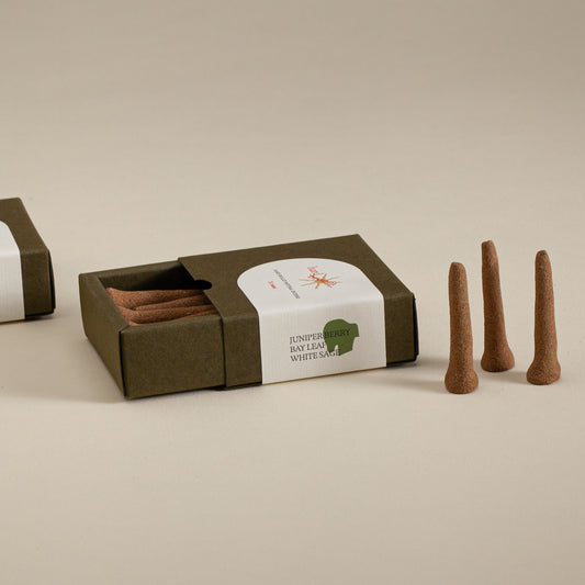 Juniper Berry, Bay Leaf and White Sage | Natural Incense Cones | Box of 11 cones